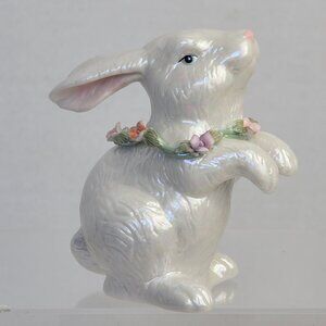 Iridescent White Ceramic Flowers Home Decor Figurine Sitting Easter Rabbit Bunny